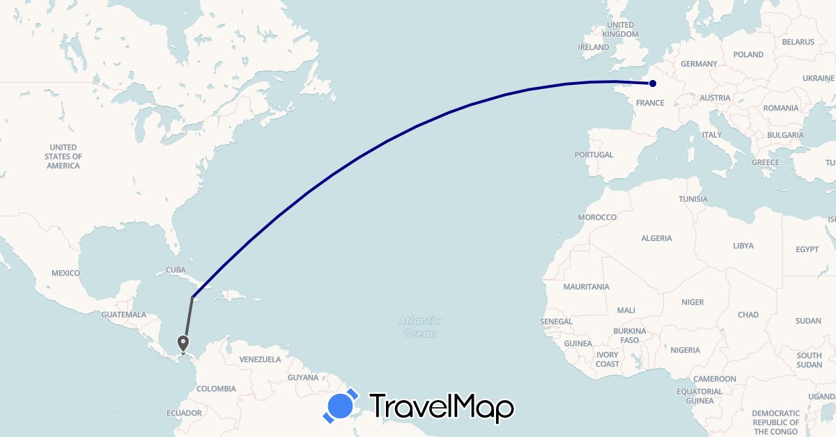 TravelMap itinerary: driving, motorbike in France, Jamaica, Panama (Europe, North America)